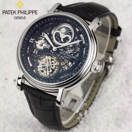 百达翡丽（Patek Philippe）双时间地区设计镂空机械手表